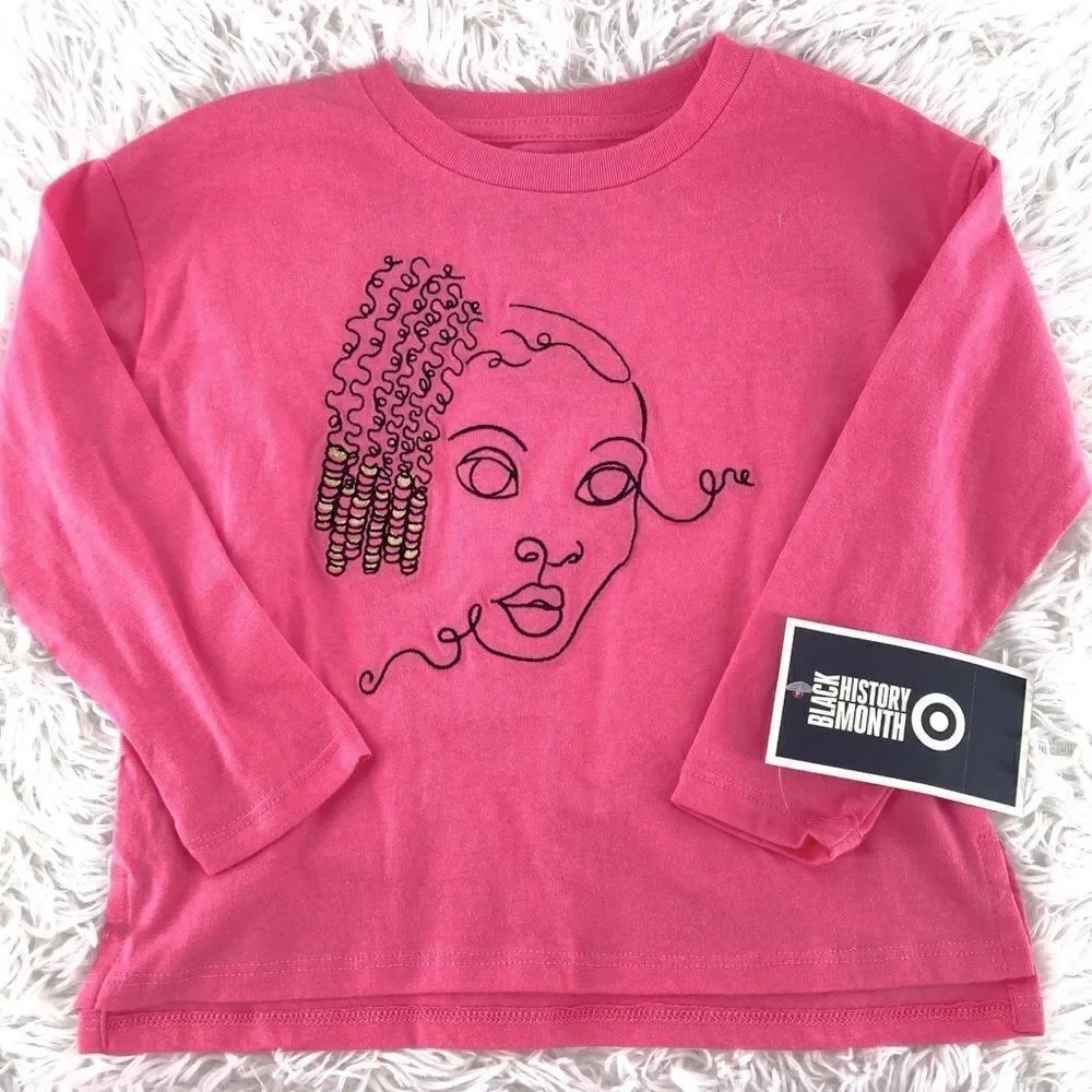 Well Worn Toddler Girl’s Pink Long Sleeve Black Girl Braids/Beads Graphic Tee 3T